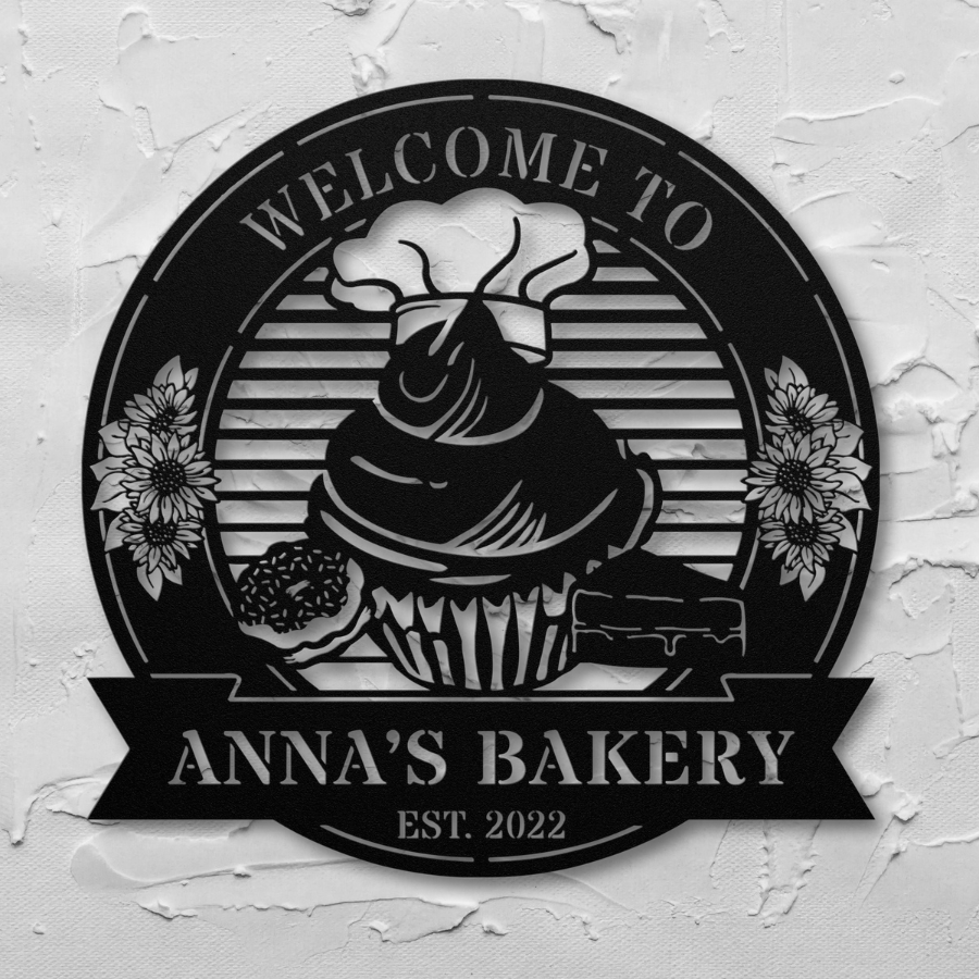 Cupcake monogram metal sign for personalized bakery decor.