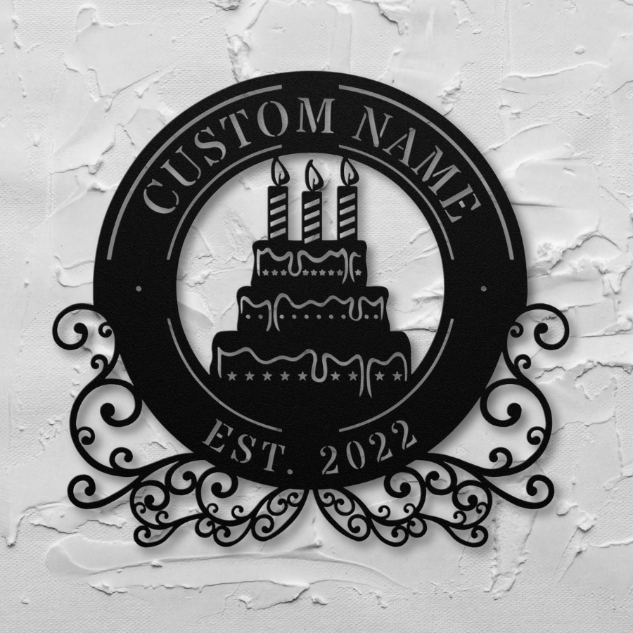 Decorative metal cake monogram wall art for kitchen; personalized cake design.