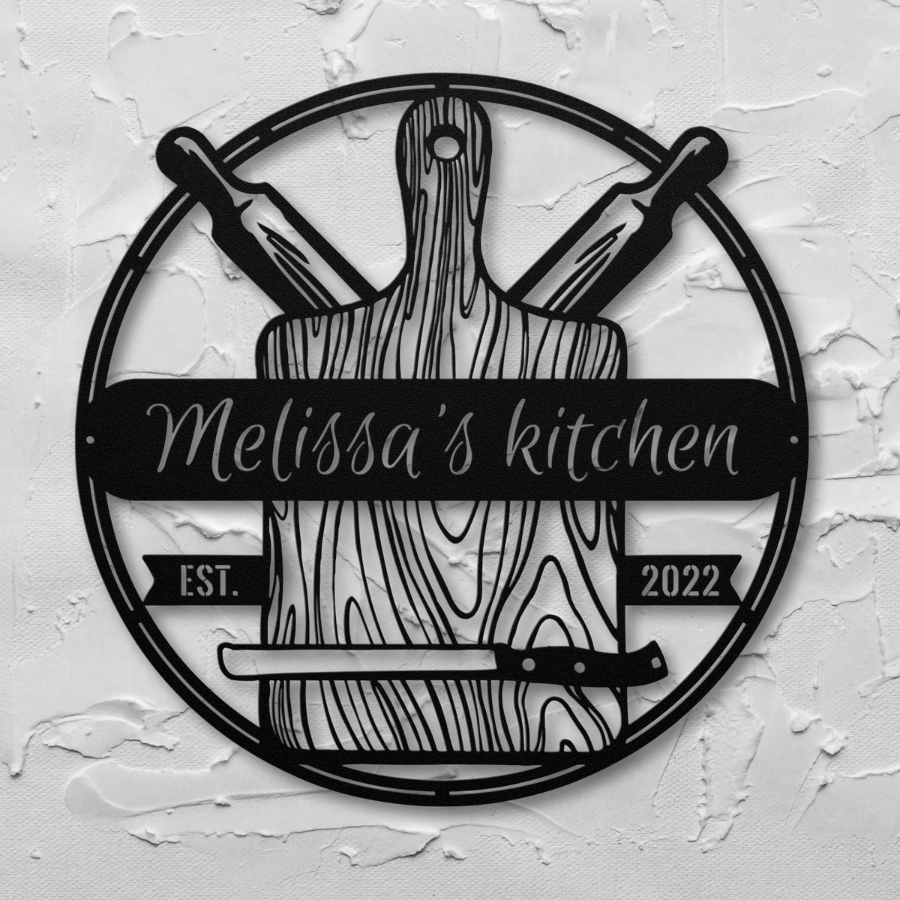 Monogrammed cutting board and rolling pin metal wall design with personalized text "Melissa's Kitchen" and "Est. 2022".