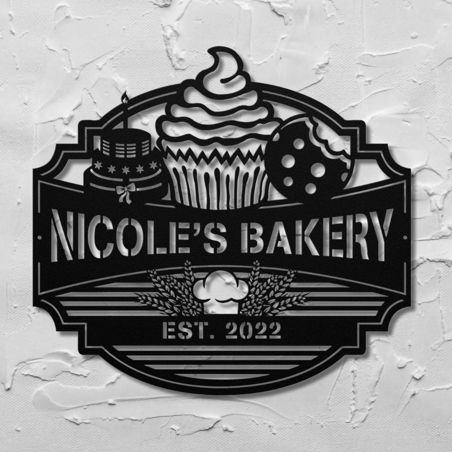 Personalized metal monogram for cake baker with bakery name and baking icons.