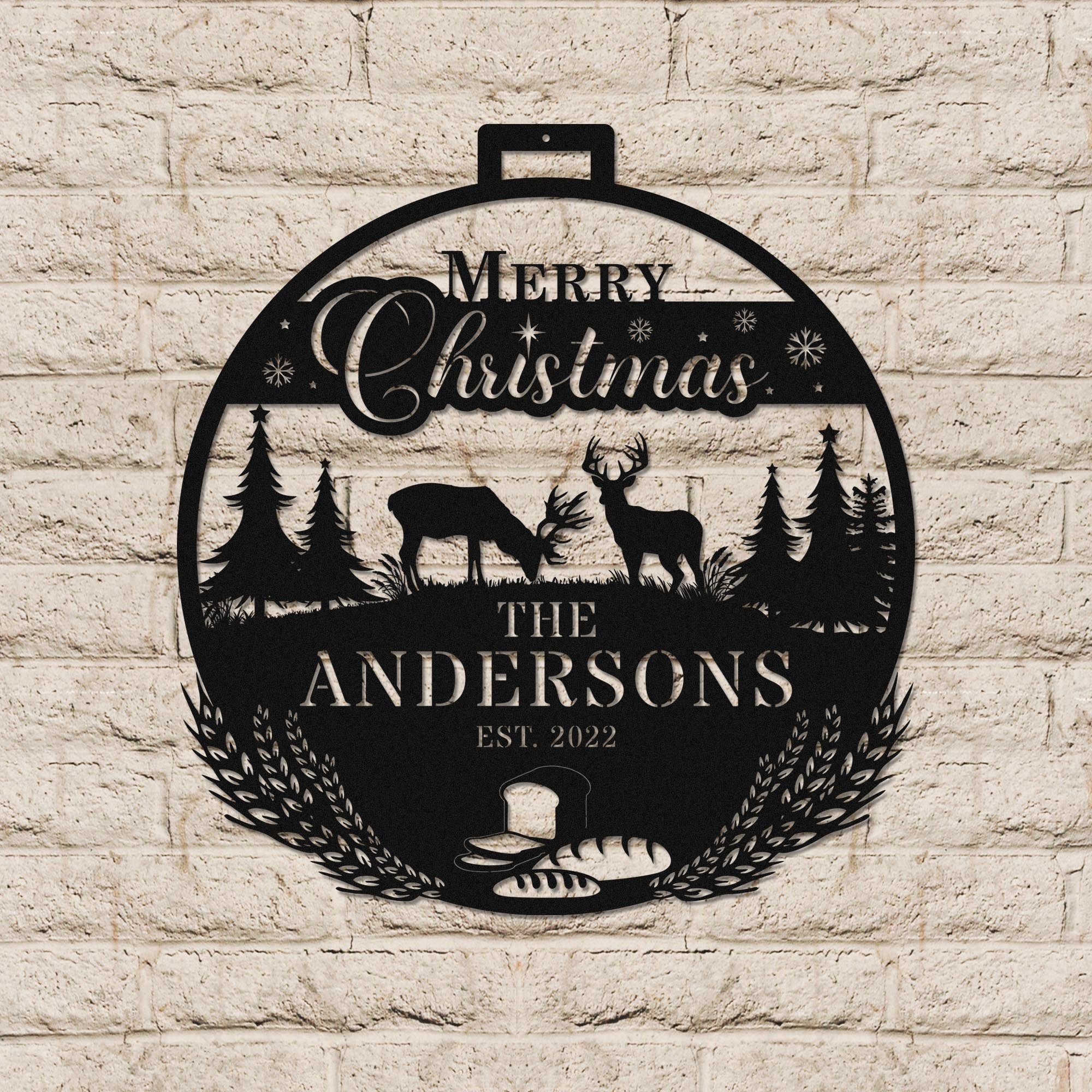 Whimsical reindeer kitchen metal wall art with Christmas tree and Santa, unique piece for festive decor.