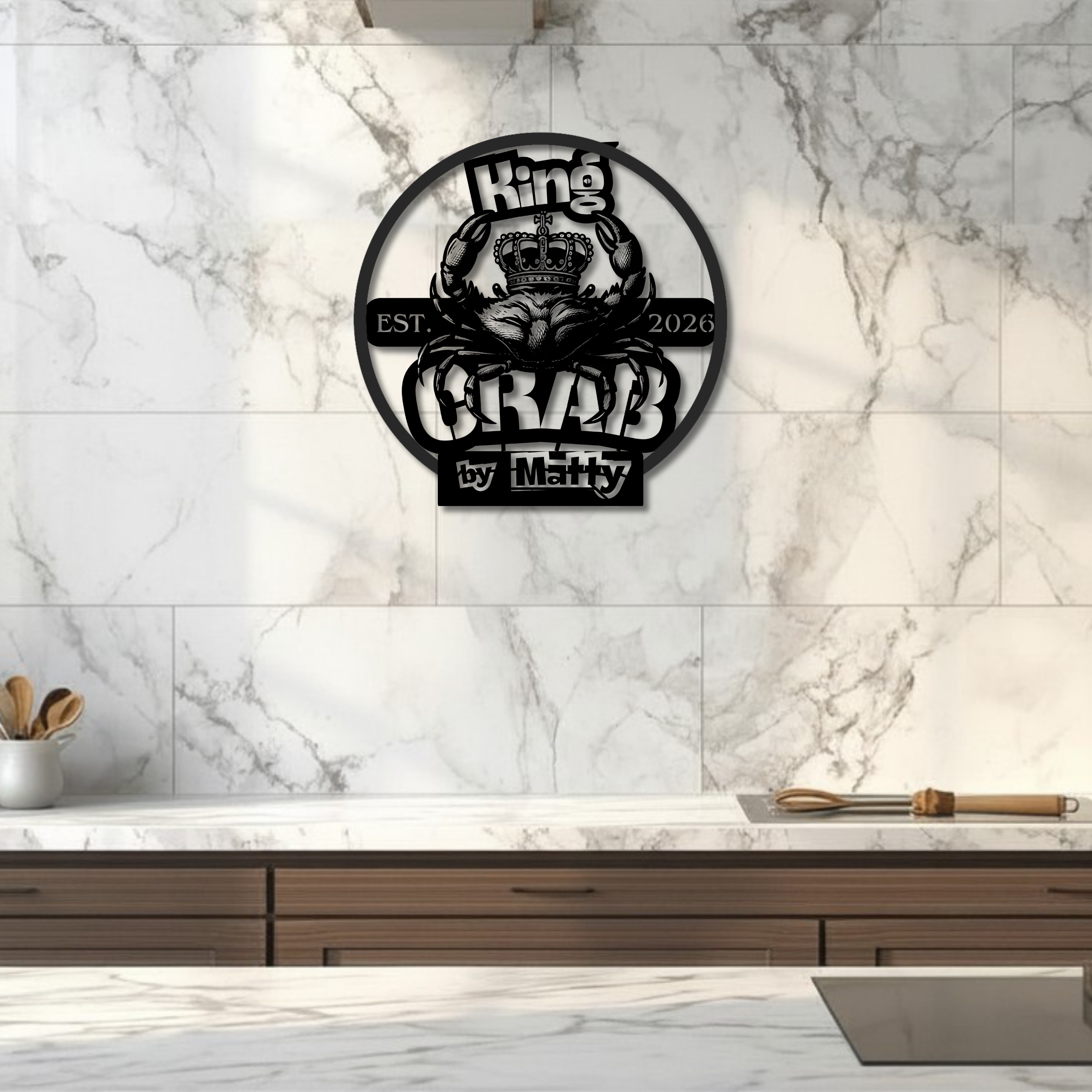 Bearded Grill Boss metal wall sign with custom crowned king crab design for coastal kitchen decor