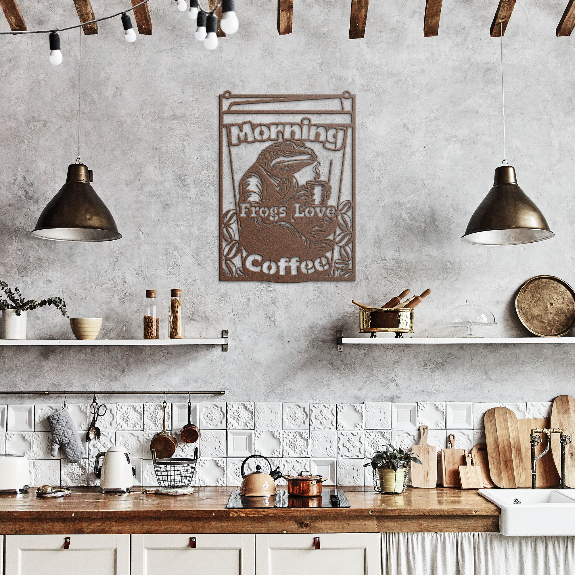 Morning Frog Metal Wall Art – Coffee Lover Kitchen Decor Sign