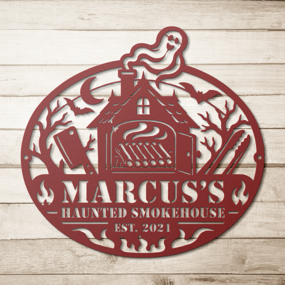 Personalized_Haunted_Smokehouse_Metal_Wa_Red_Simple_Wood_BKGD_Mockup.png_16174320