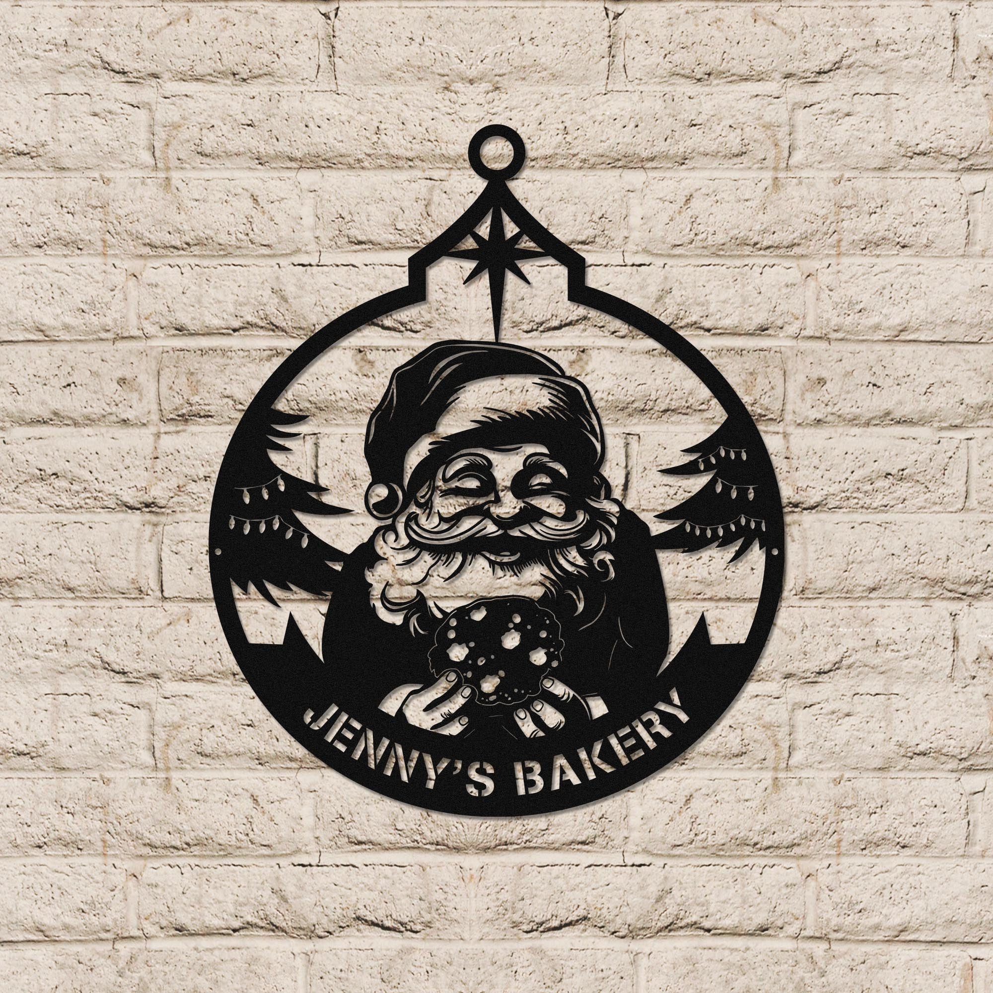 Santa Claus metal wall art decor with cookie design on brick background.