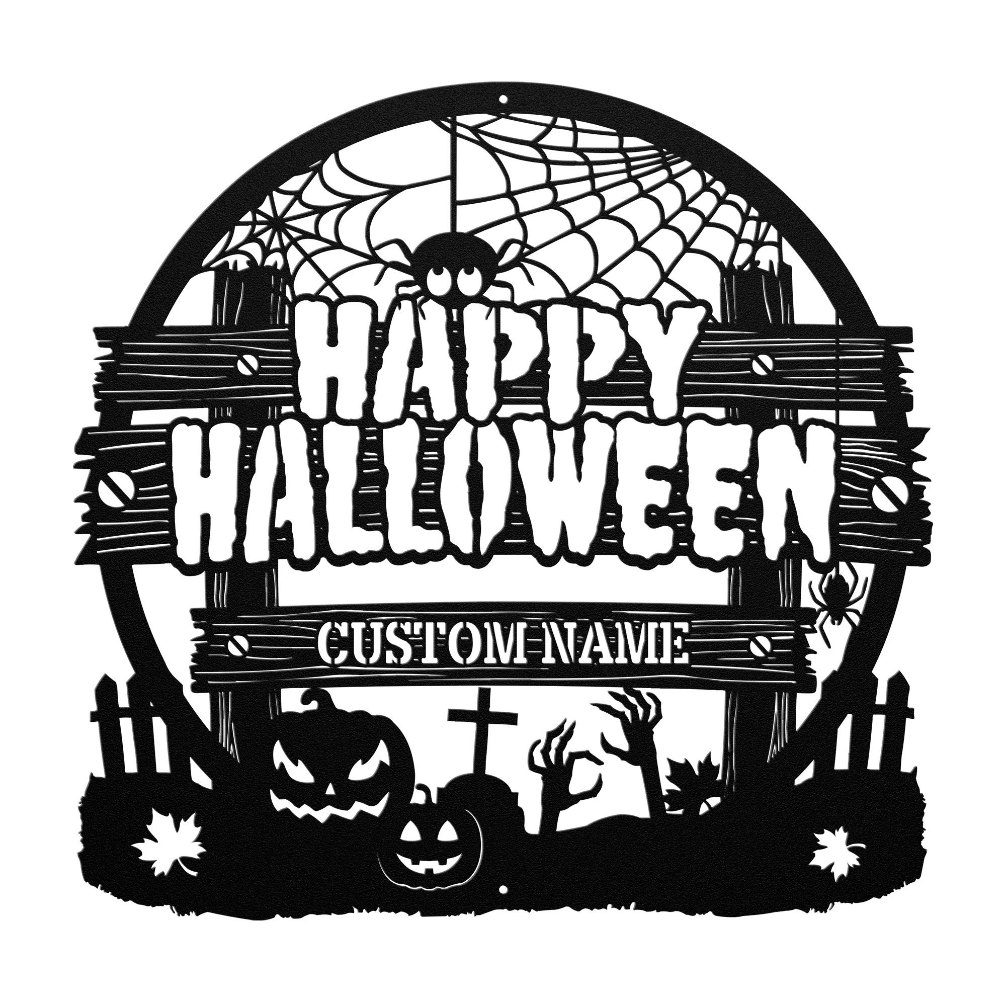 Spider Web Halloween metal sign with customizable design, available in five colors and six sizes.