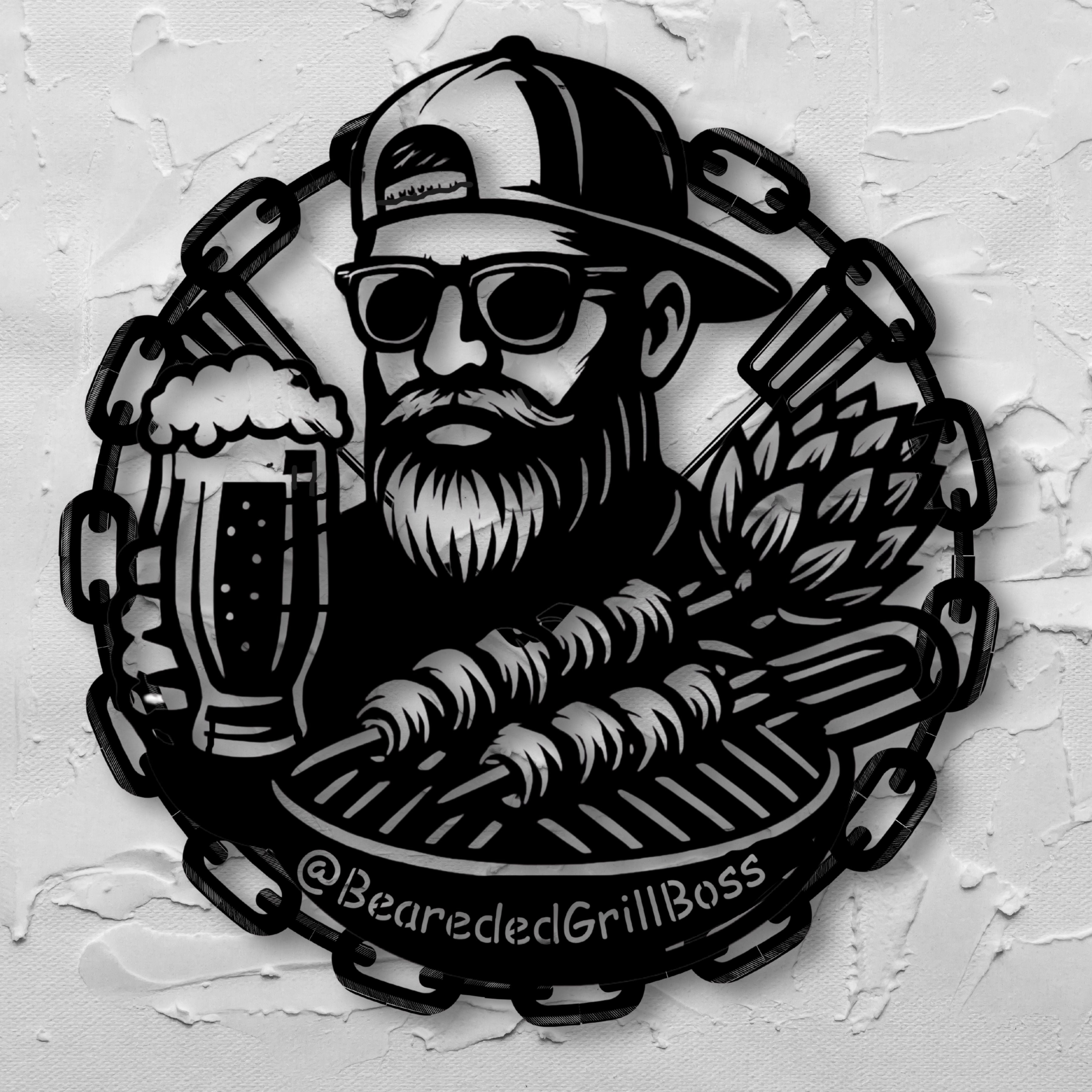 Custom Bearded Grill Boss metal wall sign with personalized face and name for BBQ lovers