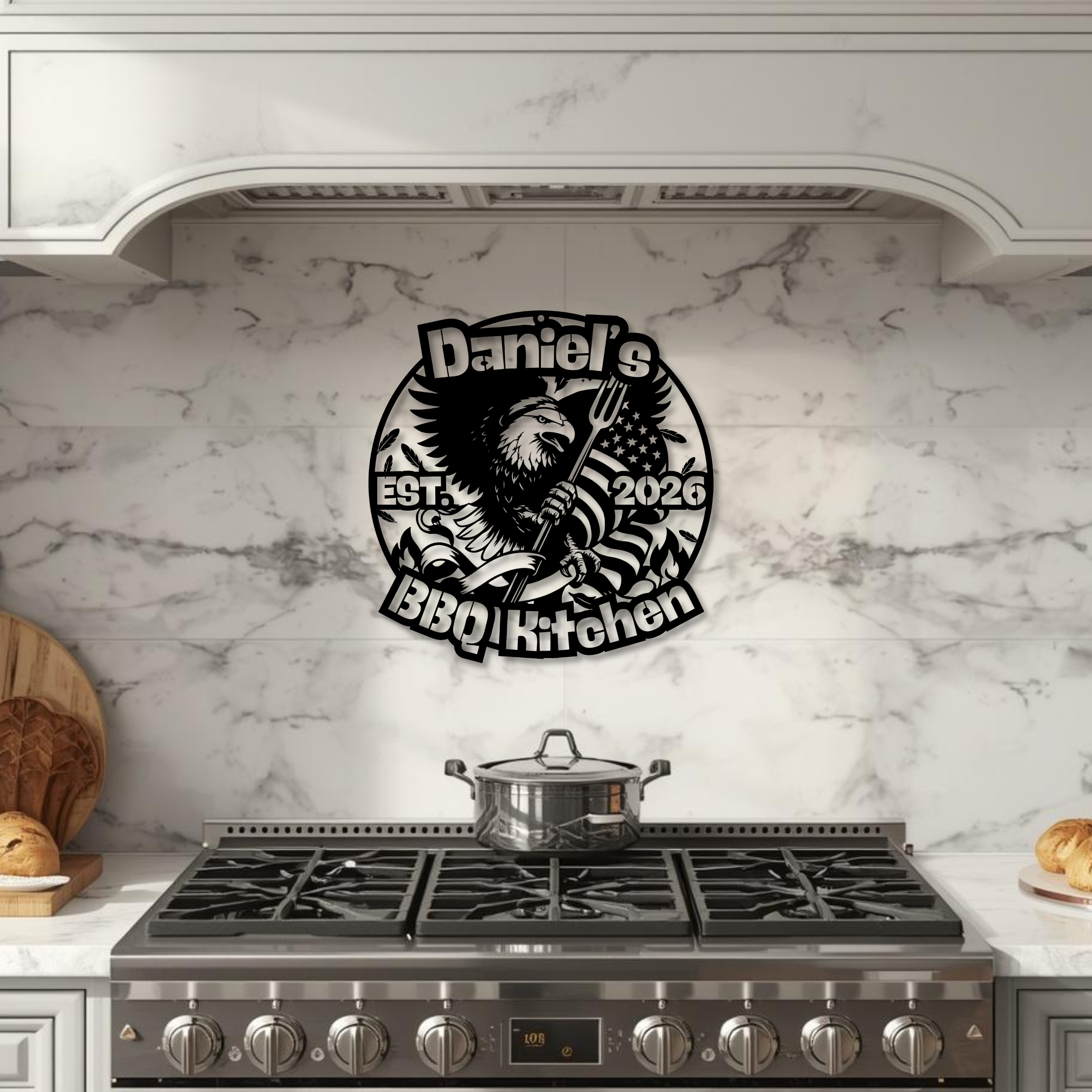 Personalized 4th of July BBQ metal sign with patriotic eagle for outdoor kitchen wall decor