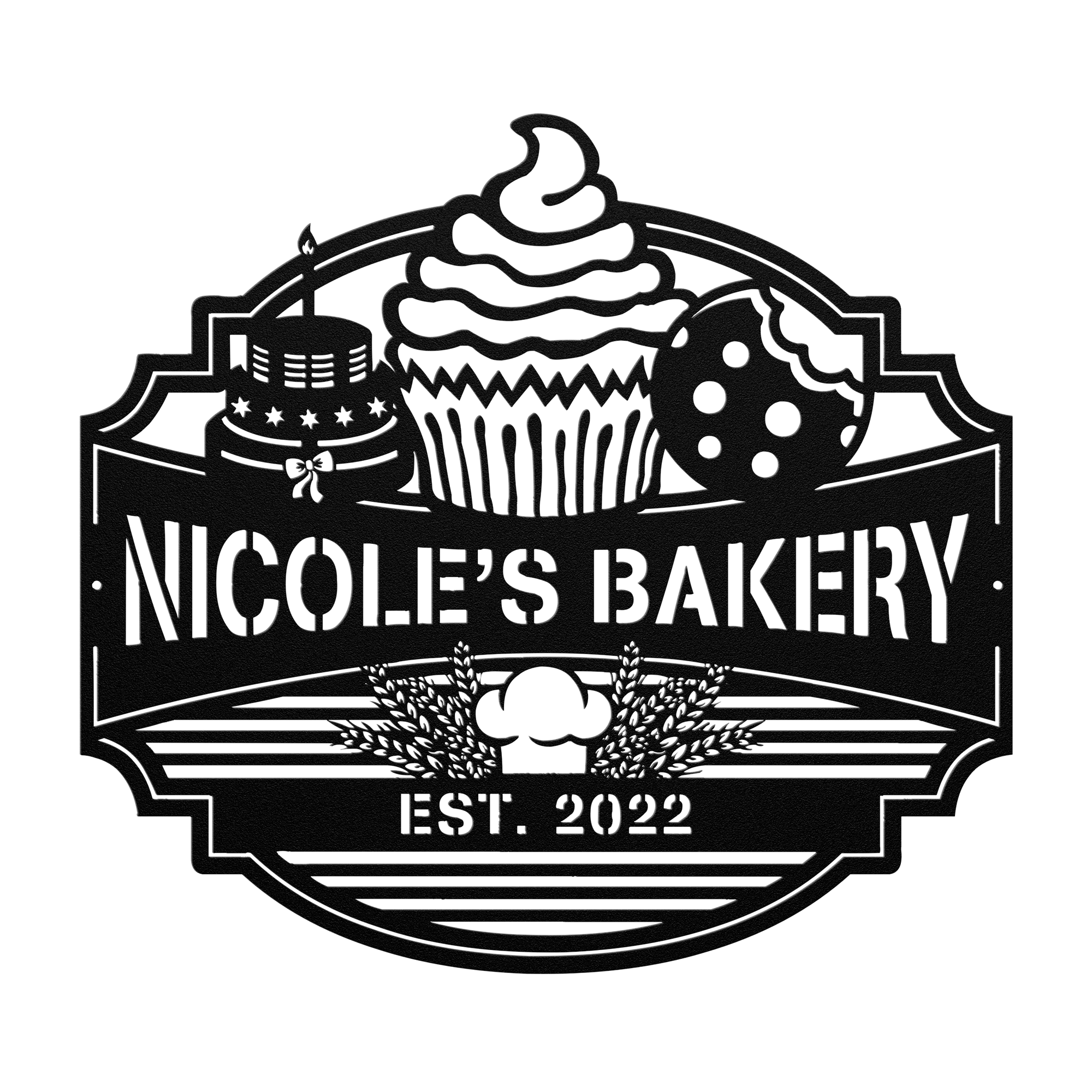 Personalized metal monogram bakery sign with cookie, cupcake, and cake design for bakers and shops