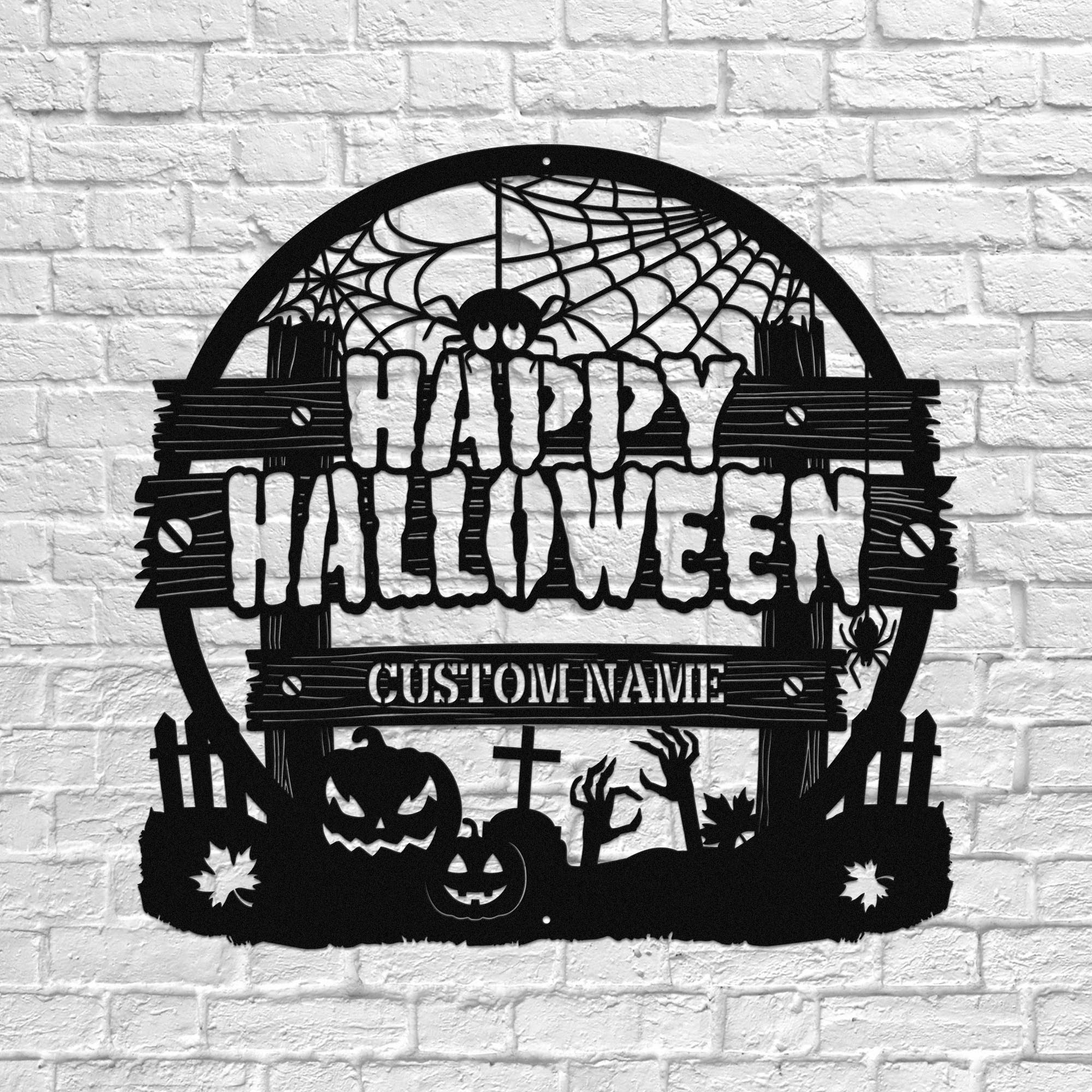 Happy Halloween personalized metal wall art with spooky Halloween motifs on brick background.