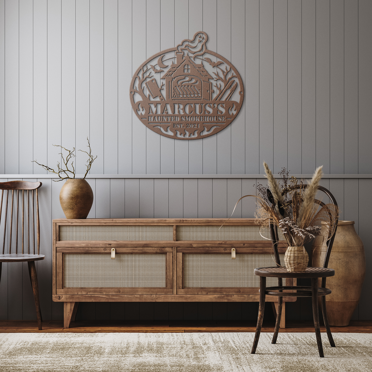 Personalized_Haunted_Smokehouse_Metal_Wa_Copper_Rustic_Hallway_Mockup.png_16174325