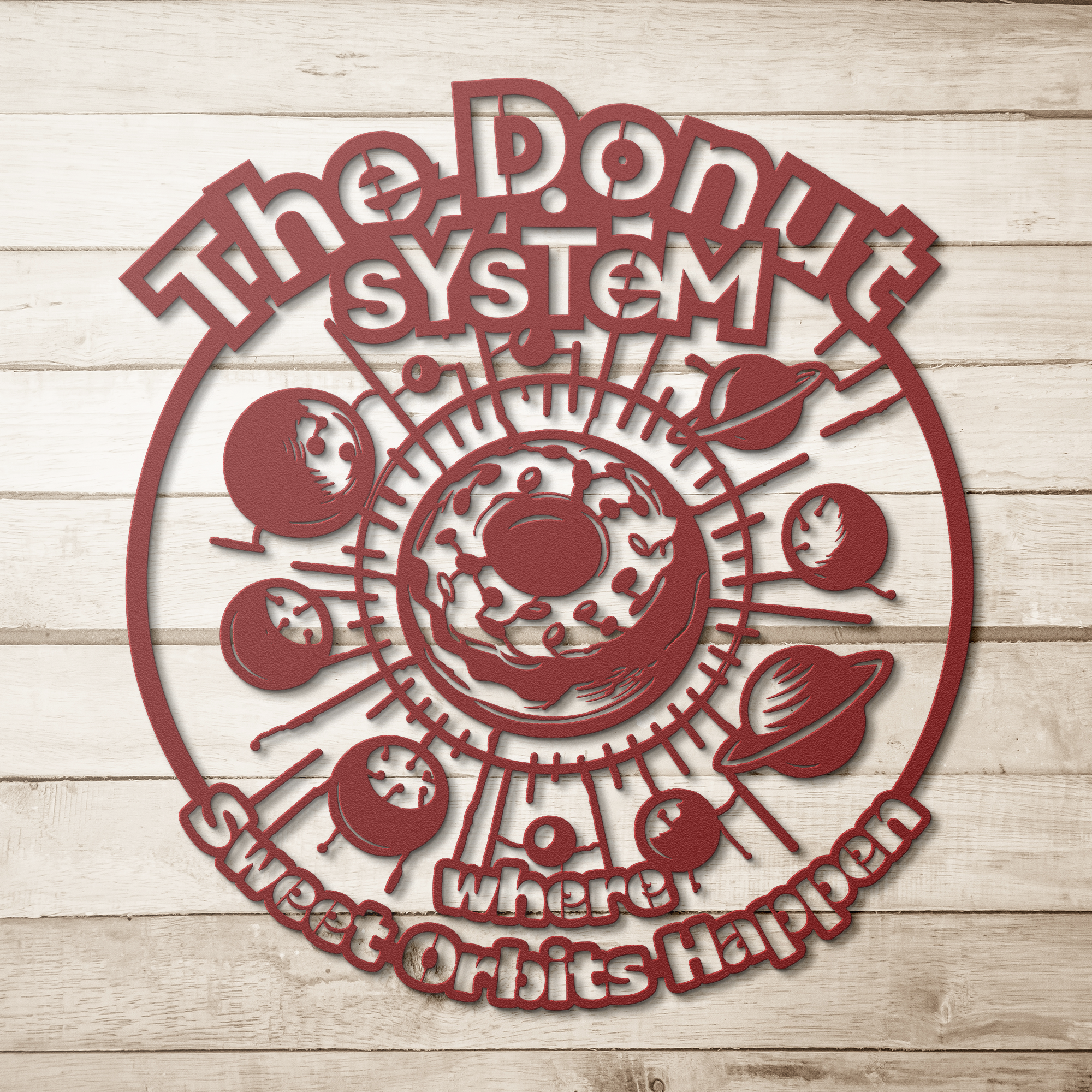 Donut System Metal Wall Sign for bakery and kitchen decor made of durable 18-gauge steel